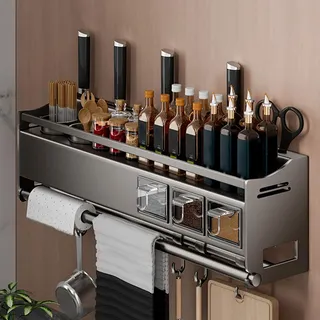 43cm,Gewürzregal Wand mit Küchenrollenhalter und Haken und Gewürzbox, Küchenregal Ohne Bohren aus Metall, Spice Rack, Gewürz Organizer Hängend für Küchen und Bad Organizer