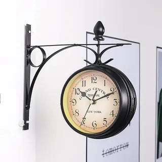 Jalleria - Doppelseitige Wanduhr, europäische Retro-Gartenuhr mit doppelter Glasoberfläche, Vintage-Dekor-Hängeuhr mit Halterung, für drinnen und