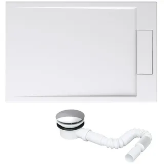 doporro Duschtasse Mineralguss Duschwanne 90x140x4cm flach in weiß rechteckig inkl. Ablaufgarnitur AL01 DIN-Anschlüsse für bodenebene Montage geeignet