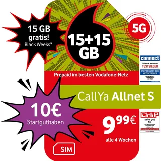 Vodafone Prepaid CallYa S | 15 GB + 15 GB on top gratis für Immer* | 10 EUR Startguthaben | ohne Vertrag | 5G-Netz | Telefon- SMS-Flat | EU-Roaming