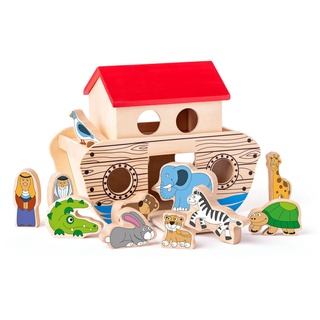 Woodyland Lernspielzeug Holz-Arche Noah - 2 Teile. Mit bunten Bausteinen in Tierformen, 2 teilige Arche