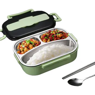Takingup Thermo-Lunchbox, 1 l, 3 Fächer, Edelstahl-Lunchbox, auslaufsicherer, isolierter Lebensmittelbehälter mit Besteckhalter für Kinder und Erwachsene – Edelstahl