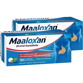 MAALOXAN 25 mVal Kautablette, Kautablette, 2 x 100 Stück, mit Algeldrat und Magnesiumhydroxid, bei Sodbrennen und säurebedingten Magenbeschwerden