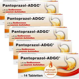 Pantoprazol-ADGC® - 5x 14 Stück - gegen Sodbrennen, saures Aufstoßen - Mittel bei Magenübersäuerung - wirkt gegen stillen Reflux und Magenbrennen