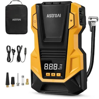 AstroAI 2 in 1 Kompressor Auto, Luftpumpe Auto 12V 230V, 10,3 Bar Autoreifen Pumpe mit AC/DC-Dual-Stromversorgung und Langlebiger Metallmotor für Autos,Fahrräder, Motorräder, Bälle, Gelb