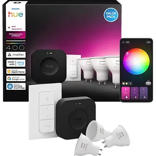 Philips Hue Bridge Pro + 3 GU10 smarte LED Spots Dimmer Switch, White and Color Ambiance, Starterset RGBW