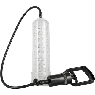 Penispumpe mit Zweifinger-Pumpgriff, Messskala und Noppen-Sleeve, transparent