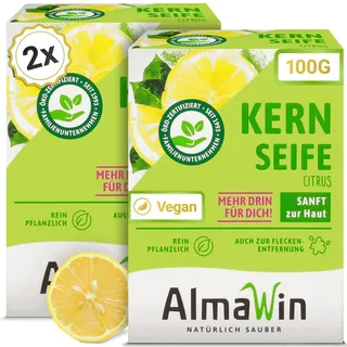 AlmaWin® Kernseife mit zartem Zitronenduft [2x 100g] - Stückseife für sanfte Hautreinigung - Vegane Seife Bio für gründliche Reinigung in Haushalt & Werkstatt - Kernseife Zitrone, Seife