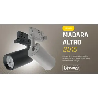 SpectrumLED Madara Altro LED GU10 Stromschienenstrahler mit Universal 3-Phasen Adapter | Alu-Druckguss ohne Leuchtmittel. Für alle gängigen 3-Phasen Stromschienen. (Weiß)