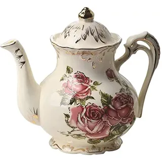Teekanne aus Keramik, elfenbeinfarbenes Porzellan, Vintage-Teekanne mit goldfarbenem Blätterrand (rote Rosenmuster)