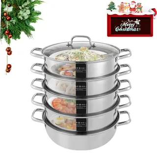 WSIKGHU Dampfgarer Topf 5 Etagen, Mantowarka Induktion Dampfkocher mit Glasdeckel, 26/28/30/32 cm Große Edelstahl Dampf Kochtopf mit 1 Pfanne und 4 Dämpfern - EU Stocks (32cm/13zoll)