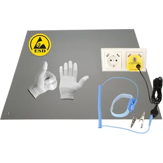 Minadax 60 x 30cm GRAU Antistatik ESD Computer Matte Tischmatte „Premiumqualität“ inkl. Manschette + 2,4m Verlängerung + ESD Erdungs-Stecker + Handschuh