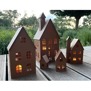 LB H&F 5er Set Häuser Gartendeko Lichthäuser AUFSTELLER Haus Dekoration Dekofigur Herbst Winter Metall Rost (Lichthaus)