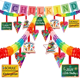 Einschulung Deko,Schulkind 2026 Mädchen/Junge Deko,Schulkind Girlande Satz,Enthalten Banner:Schulkind,PapierKranz 4 Stück, Gesamtlänge 12M,Thema Schulanfang ist Farbenfroh und Einfach zu Verwenden