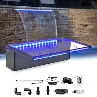 LONGRUN Pool Wasserfall Bachlaufsets, Garten Brunnen mit Farbwechsel LED, Acryl Teich Wasserfontäne für Außengarten -30cm