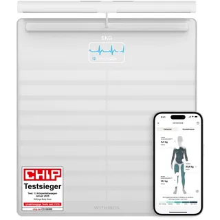 Withings Body Scan - Vernetzte WLAN-Waage zur Verbesserung Ihrer Gesundheit, BIA-Personenwaage, Analyse der Körperzusammensetzung, Körperfett, Muskelmasse, Wasseranteil, Elektrokardiogramm, Weiß