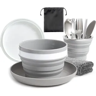 Muorruo Camping-Teller, Schüssel, Tasse, Besteck-Set für 1 Person, zusammenklappbares tragbares Camping-Teller- und Schüssel-Set, Geschirr-Sets für Wandern, Reisen und Outdoor, Grau