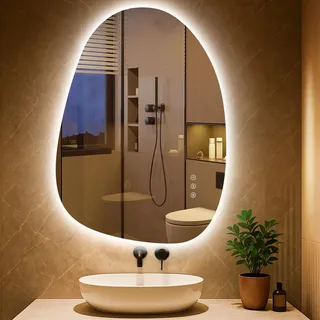 pesenxan Asymmetrischer LED-Badspiegel mit Beleuchtung 83x60 cm, Beschlagfrei, 3 Lichtfarben Einstellbare Spiegel Bad mit Beleuchtung,Dimmbar, mit Memory-Funktion, Energiesparend,Horizontal/Vertikal