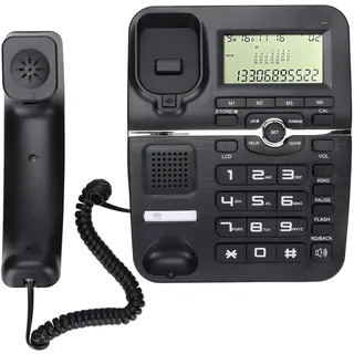 Schnurgebundenes Telefon mit LCD-Display, Anrufer-ID – Freisprecheinrichtung – 4 Schnellwahl-Hotkeys – FSK/DTMF-kompatibel – Wecker – Multifunktionales Festnetztelefon(Schwarz)