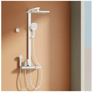 EMKE Emke, Duschsystem, Duschsystem mit Thermostat, Handbrause + Regendusche + Kinderdusche + Unterer Auslass, Weiss