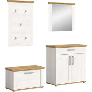 Home Affaire Garderoben-Set »COSENZA, TOPSELLER!, Breite ca. 190 cm, 4-teilig, in Landhausoptik«, (4 St., bestehend aus: Sitzbank, Garderobenpaneel, Schuhschrank, Spiegel), Garderobenkombination, Kombination, Diele, Garderobe, Garderobenmöbel, weiß