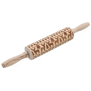 Spetebo Holz Teigroller mit geprägtem Weihnachtsmotiv - 39 x 5 cm - Keksteig Roller mit Rentier Prägemuster - Präge Nudelholz mit Muster für Plätzchen und