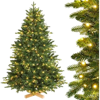 Yorbay künstlicher Weihnachtsbaum Nordmanntanne mit Beleuchtung LED Tannenbaum mit Holzständer für Weihnachten-Dekoration, aus PE und PVC, Mehrweg (150cm)