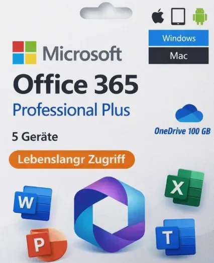 Microsoft Office 365 – Pro Plus - 5 Geräte, für Mac & Windows & iOS & Android