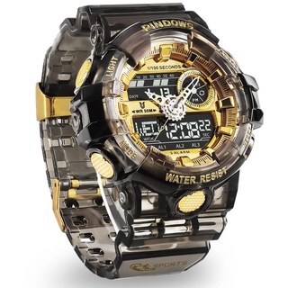 PINDOWS Herren-Armbanduhr, digital, Sport, Herren, mit wasserdichtem Licht, 3 Gruppen, Alarm, Analog, Digital, Countdown, Stoppuhr etc. Multifunktions-Armbanduhr, Aschgold, Riemen