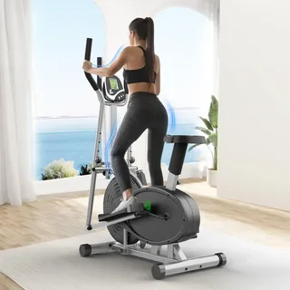 Yonisee 2 in 1 Crosstrainer für Zuhause, Ellipsentrainer mit Ergonomischem Sitzpolster, Einstellbarem Widerstand, LCD-Monitor, Herzfrequenzsensor, Aerobic Crosstrainer Stepper (Silber)