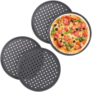 Relaxdays 10030761 Pizzablech, 4er Set, rund, gelocht, antihaft, Pizza & Flammkuchen, aus Stahl, Knusperblech, ∅ 32 cm, anthrazit