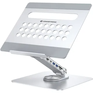 Conceptronic DONN27G Laptop-Ständer mit 7-in-1-Dockingstation, 360° drehbare Basis, faltbar, höhenverstellbar