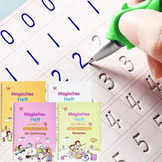 HJCMikee QianShouYan 4 Stück Deutsch Magisches Heft, übungsheft mit Stift, 26x18cm Wiederverwendbares Handschrift nachziehen für Kinder Kalligraphie,Zahlen,Zeichnung,Buchstaben Schreiben Lernen