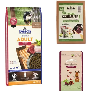 Bosch Hundefutter Bundle: Trockenfutter Adult mit Lamm & Reis 15 kg + Sammy's Herzensbrecher Snack für Hunde 800 g + Mixpaket Freshe Schnauze Gemüse-Topping für Hunde 6 x 200 g | Paket für Hunde