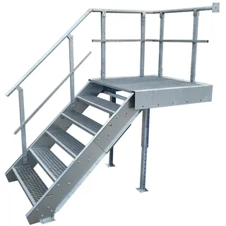 Podesttreppe / 5 Stufen + Podest Stahltreppe mit Geländer Links/Stufenbreite 100cm / Geschosshöhe 90-120cm