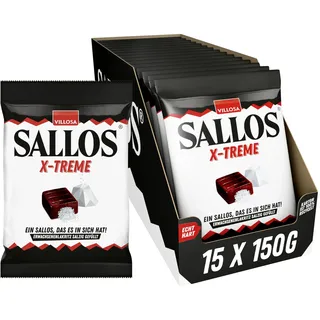 SALLOS X-treme Vorrats-Pack – Lakritz-Bonbons mit Salmiaksalz-Füllung, aus natürlichem Süßholzsaft, würzig-salzige Lakritz-Kombination, vegan, im Vorrats-Pack, 15 x 150 g