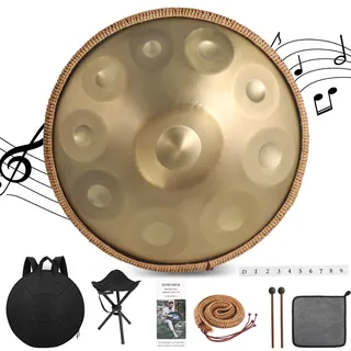 Derlvbak Handpan Instrument, 22 Zoll 9/10 Töne 440/432HZ Hand Pan Drum Steel Tongue Drum Zungentrommel für Yoga, Meditation mit Handtaschen Trommelstöcken, Trommelständer (10 Töne-440HZ)
