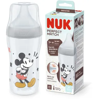 NUK Perfect Match Babyflasche | Ab 3 Monate | Passt sich dem Baby an | Temperature Control | Anti-Colic | 260 ml | BPA-frei | Silikontrinksauger, Medium | Disneys Micky Maus [grau]