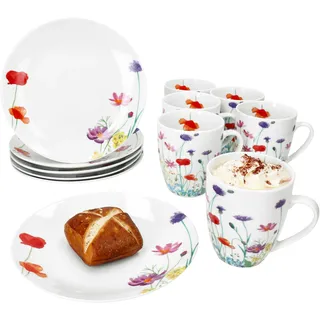 Mambocat 12tlg Frühstücksset Marie Porzellan 6 Personen Teller Kaffeebecher 320ml Blumen