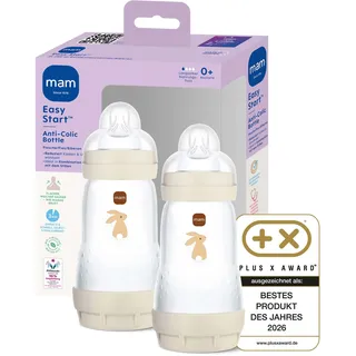 MAM Easy Start Anti-Colic Babyflasche | 0+ Monate | Testsieger | Milchflasche für | Weniger Koliken | stillfreundliche Baby Trinkflasche | Sauger Gr. 1 | 260ml | Hase | 2 Stück