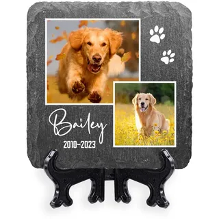 AIGAT Personalisierbares quadratisches Gedenktafel 10 x 10 cm mit Name, Datum, Foto und Ständer für Haustier Katze Hund Schieferstein Pfote Grabmarker - Zwei Fotos