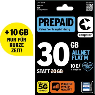 congstar Prepaid Allnet M: 30 statt 20 GB Datenvolumen & Flatrate für Telefonie und SMS, 5G-Speed, EU-Roaming