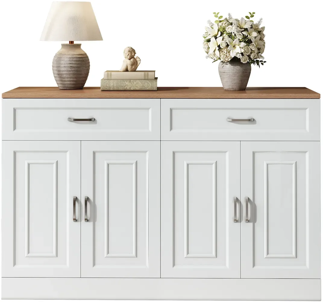 OKWISH Sideboard Holz+Weiß 120x35x80 cm mit verstellbaren Einlegeböden, Soft-Close-Scharniere, Kippschutz, 4 Türen und 2 Schubladen für zusätzlichen Stauraum