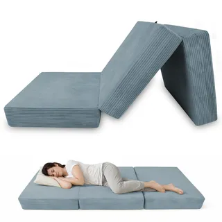 POKAR Klappmatratze 140x195x15 cm aus Cord | 3-teilige Faltmatratze als Gästebett | Faltbare Matratze für Gäste und Camping | Extra Dicke Schaumstoffmatratze | Oeko-TEX | Made in EU | Blau