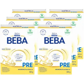 BEBA PRE Anfangsmilch von Geburt an, Babynahrung mit DHA, nur Laktose, ohne Palmöl, 6er Pack (6 x 500g)