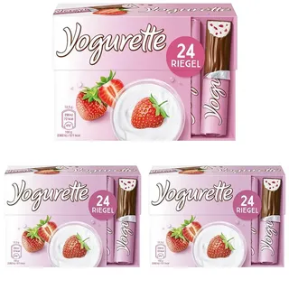 Yogurette Erdbeere Riegel – Fruchtig-frischer Geschmack von Magermilchjoghurt, Erdbeeren & Vollmilchschokolade – 1 Packung mit 24 einzeln verpackten Riegeln, 300 g (Packung mit 3)