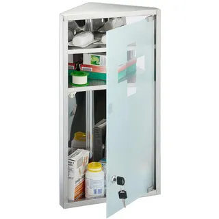 Relaxdays Medizinschrank, 3 Fächer, HxBxT: 56x30x18 cm, abschließbar, Edelstahl, Glastür, Eck Apothekenschrank, silber