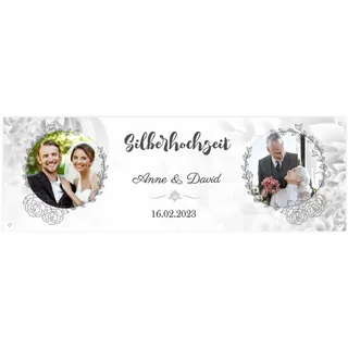 Personalisiertes Banner zur Hochzeit mit Fotos, Namen, Datum und Wunschtext - Hochzeitsbanner, Silberhochzeit, Goldhochzeit -Dekoration-Jubiläumsbanner - 150x50cm oder 225x75cm
