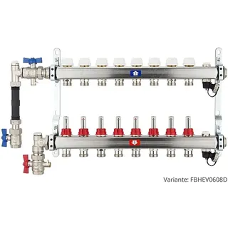 Fußbodenheizungsverteiler aus Edelstahl mit Topmeter für 8 Heizkreise - mit WMZ-Anschlussset 110 mm senkrecht