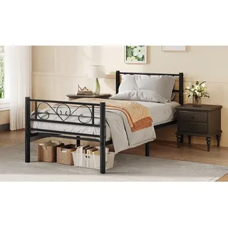 VASAGLE Bett 90 x 200 cm, Gästebett, Einzelbett aus Metall, Bettgestell, Bettrahmen, Metallbett, einfache Montage, tintenschwarz